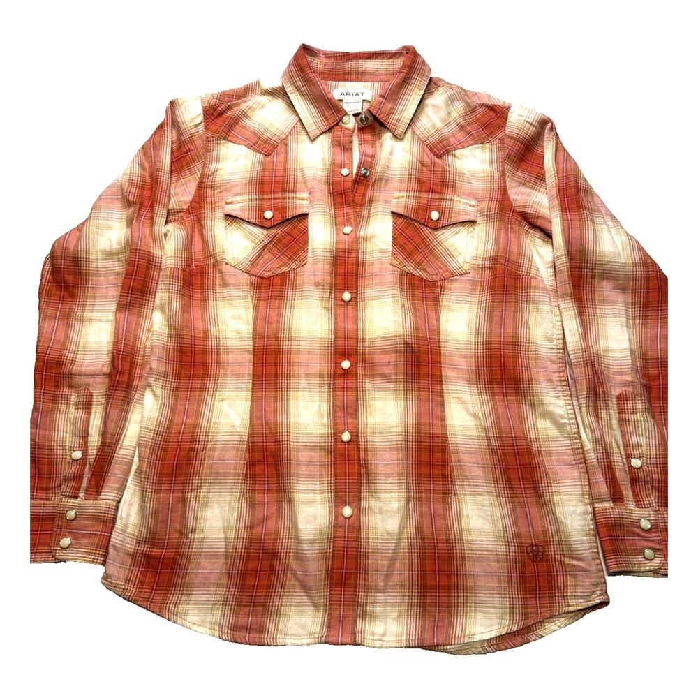 Ariat Womens Plaid Pearl Snap Western Shirt Orange Metallic Detail Cotton M GUC